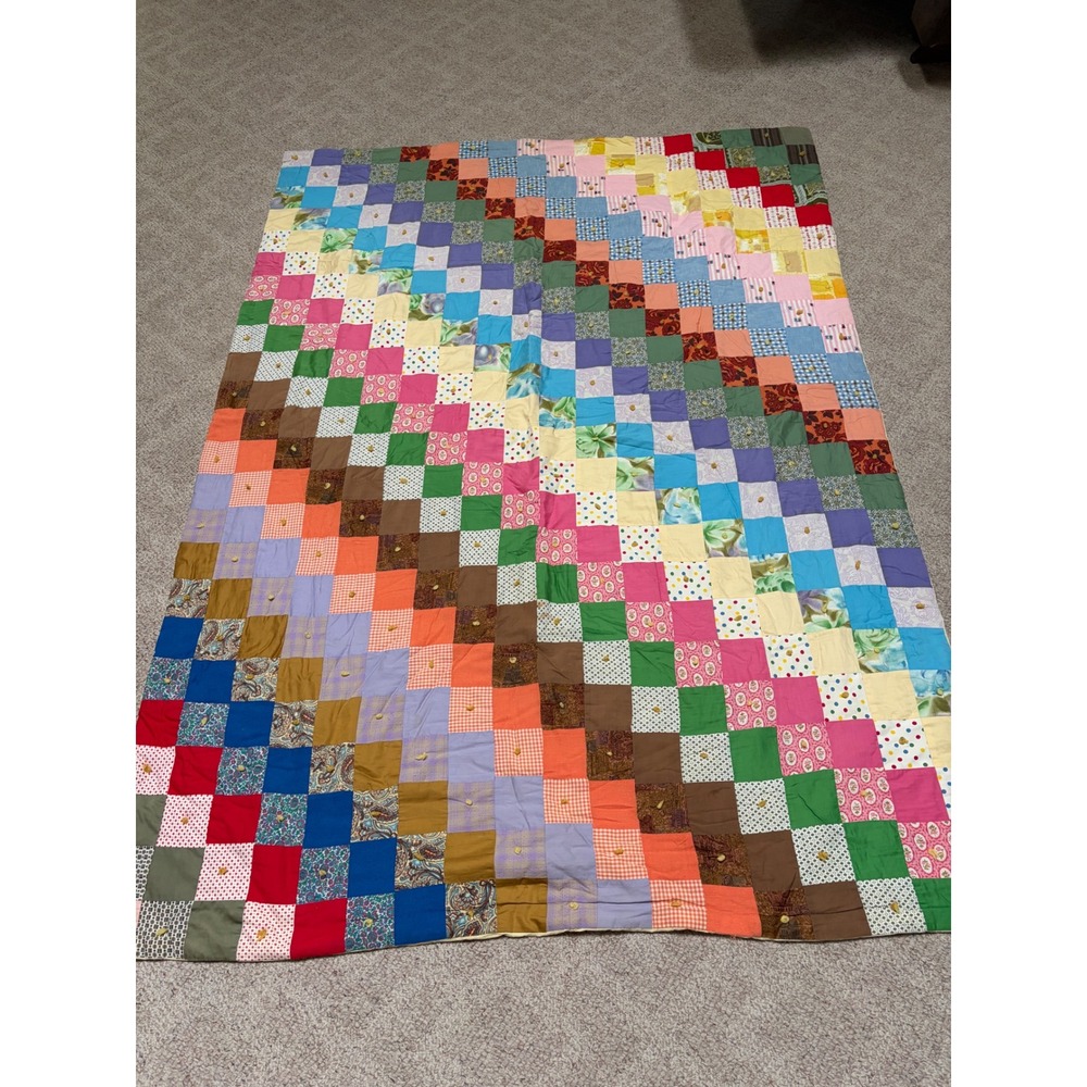 Vintage Handmade Patchwork Quilt Multi Color Scrap Block Yarn Tied 79x58 Retro